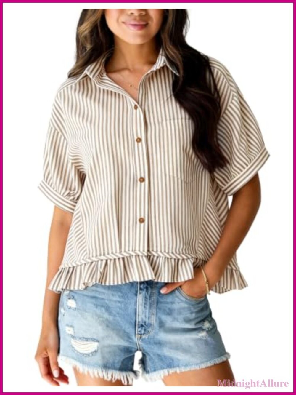 Cropped Ruffle Peplum Button Down Shirt 100% Cotton Short Sleeve